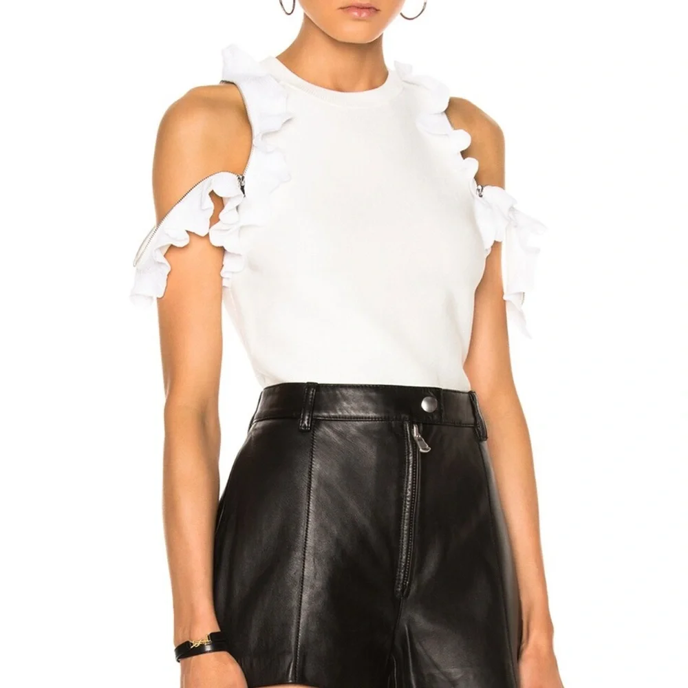 3.1 Phillip Lim Ruffle Knit Crop Top with Ruffle Zipper Detail in Black